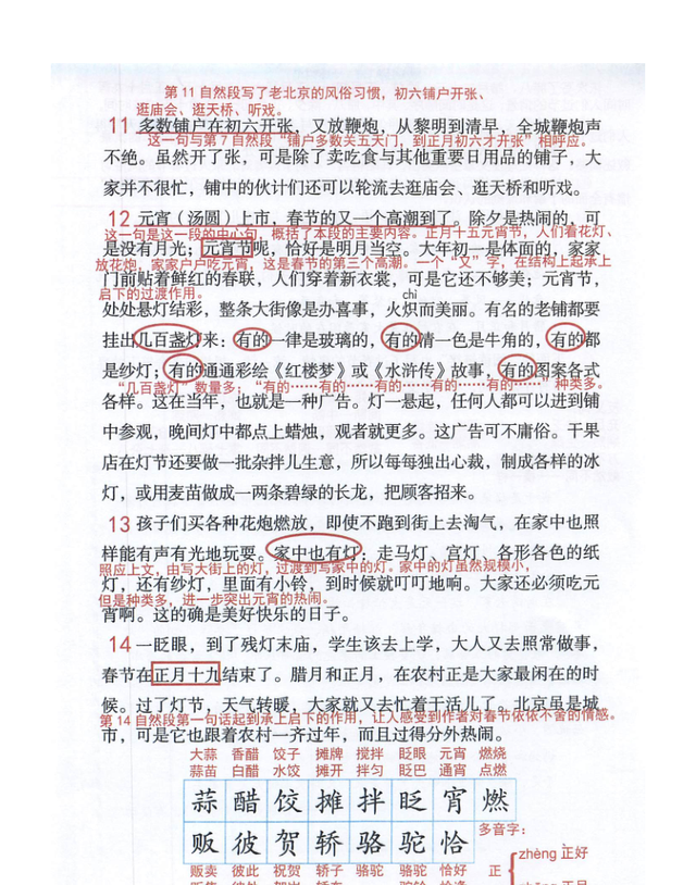 小学六年级语文1课《北京的春节》课堂笔记、教案及练习题