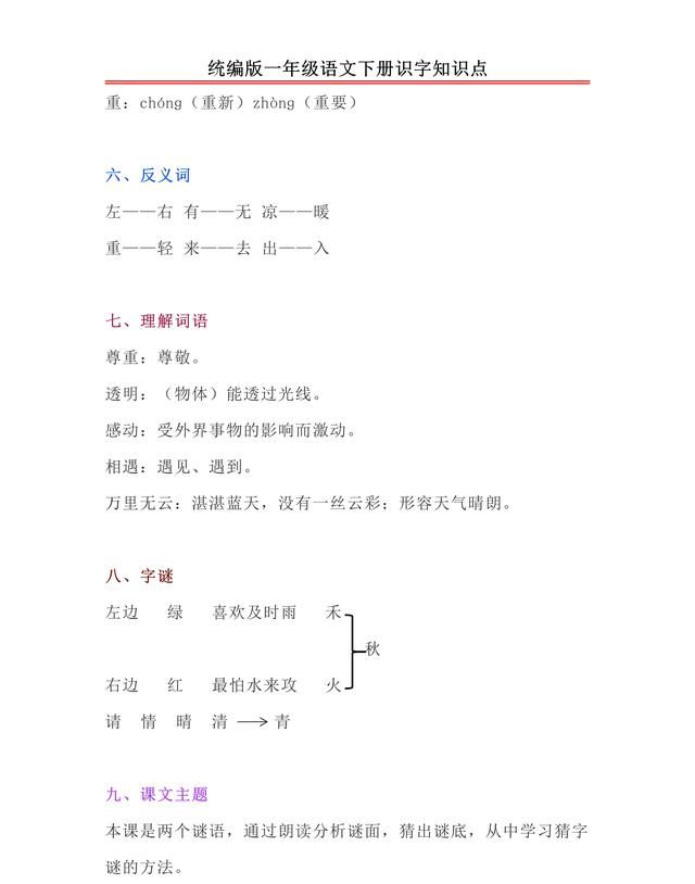 统编版一年级语文下册识字知识点归纳